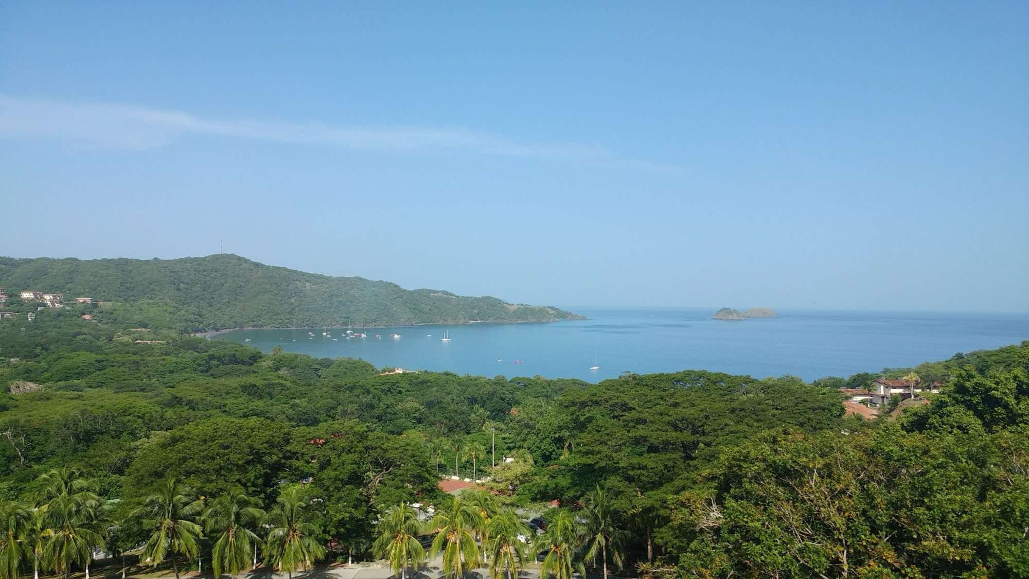 Lush green hills curving around a calm bay